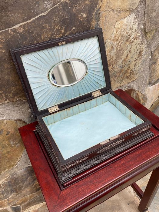 Caixa Guarda jóias Pau-Santo Prata Portuguesa Javali 25 cm Chave