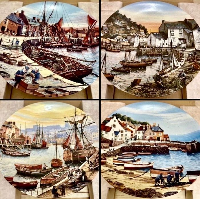 **Zestaw POOLE Marynistyka Statek Port Rybak Talerz Porcelana Vintage