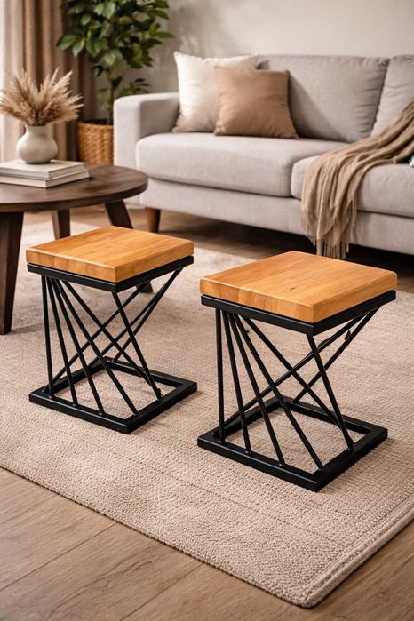 Taboret loft – drewno olchowe + stal – ręczna robota stołek krzesło ...
