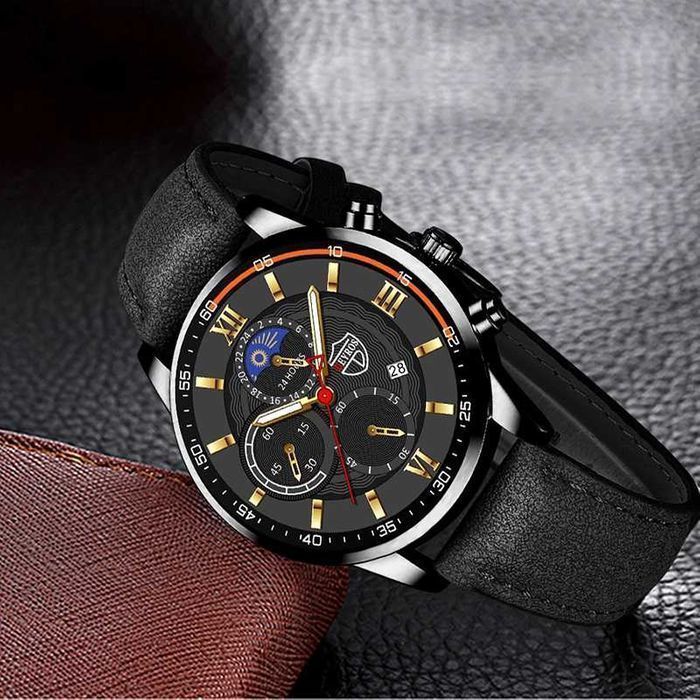 Conjunto de Relógio de Pulso Homem + Pulseira de Couro Quartzo Desport