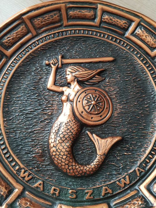Miedziany Talerz herb Syrenka Warszawska metaloplastyka