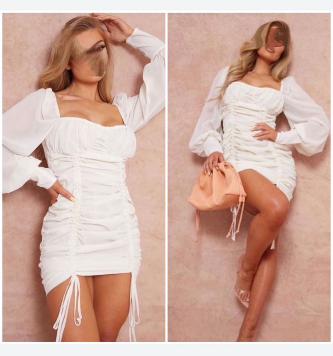 Ecru sukienka mini drapowana L 40 xl 42 długi rękaw bufki