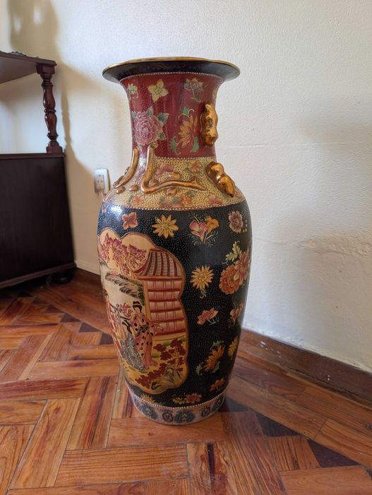 Jarrão decorativo estilo chinês – 63 cm – vermelho, preto e dourado