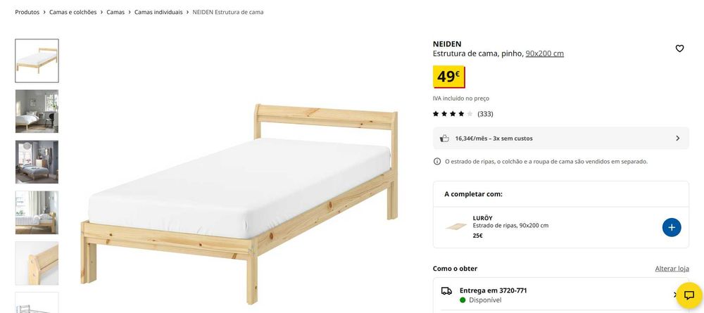 estrutura de cama, pinho 90x200 + estrado de ripas, pinho