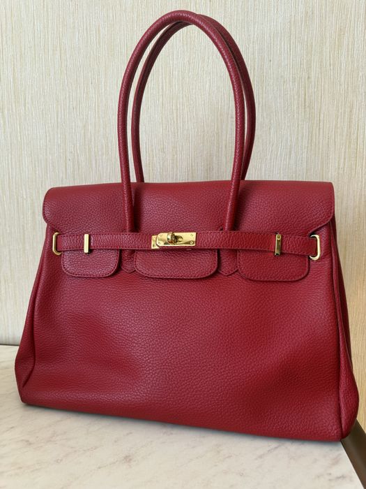 Шкіряна червона сумка в стилі Birkin