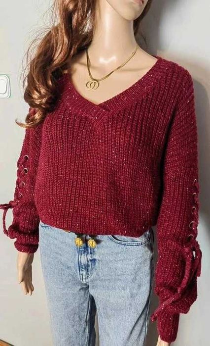 Sweter bordowy bordo burgundowy 4XL 48 dekolt serek basic plus size