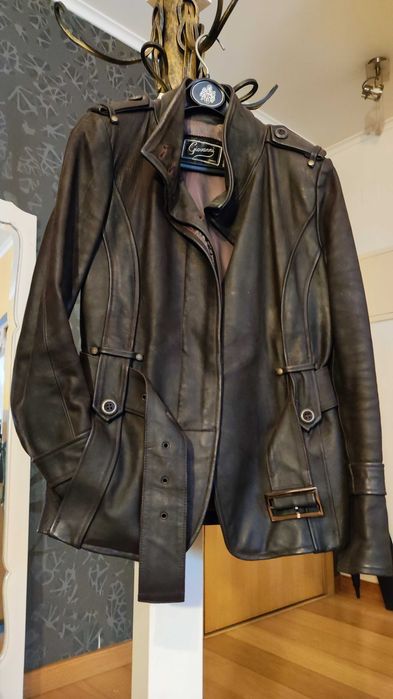 Casaco/Blazer cintado - Pele/Couro/Cabedal - Castanho - S - Como Novo