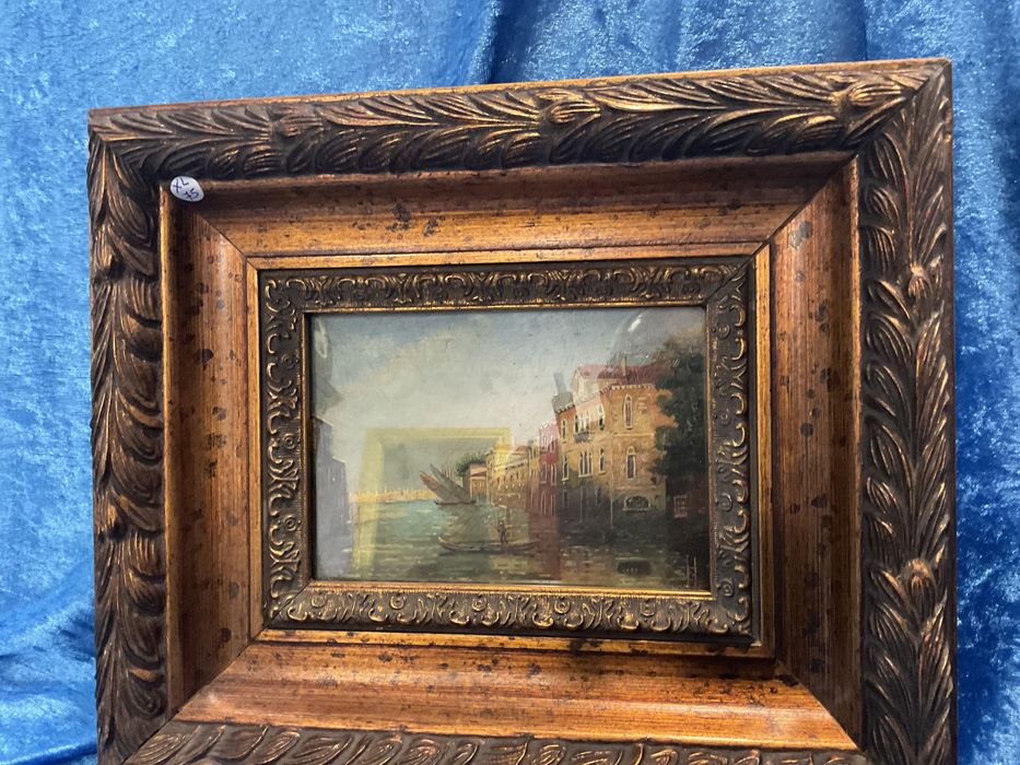 Quadro pintura on board frente com vidro peça vintage 34x29cm