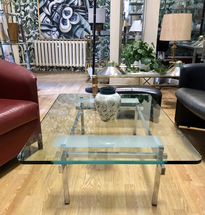Designerski prostokątny stolik kawowy chrom+szkło