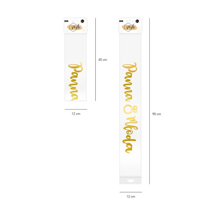 Szarfa, wstęga biała ze złotym napisem Panna Młoda, wieczór panieński