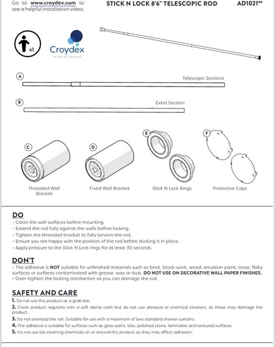 Croydex Stick 'N' Lock Plus teleskopowy drążek mm, chromowany