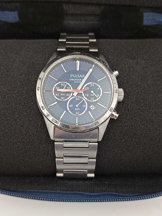 Zegarek męski PULSAR Chronograph 100m stalowy granatowy datownik OKAZJA
