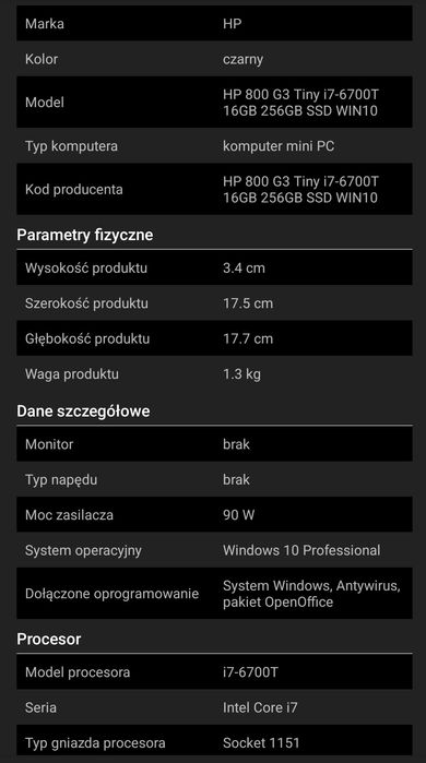 HP Elitedesk 800 G3 Tiny i7-6700T 16GB 256GB SSD WIN10 Pro