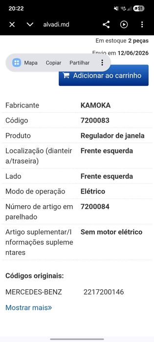 Regulador de janela KAMOKA 7200083