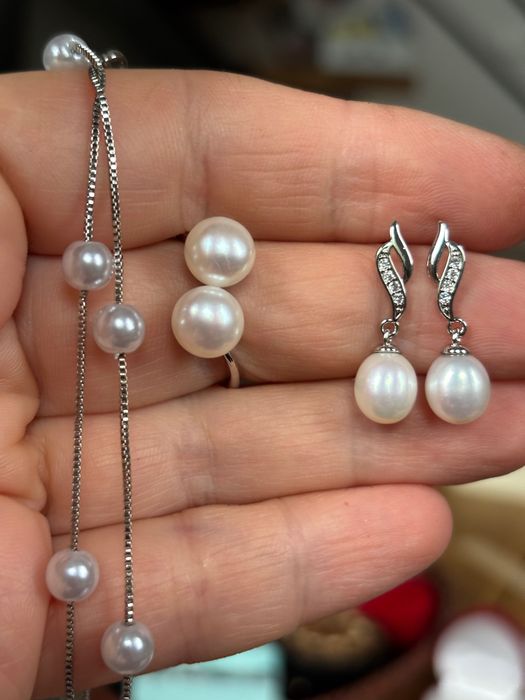 Весільні прикраси срібло сережки кольцо перли свадьба
