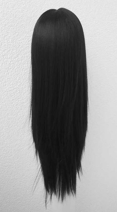 Lace Front czarna długa peruka z przedziałkiem bez grzywki cosplay wig