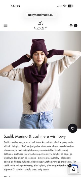 Szalik szal lucky handmade wełna kaszmir bordowy