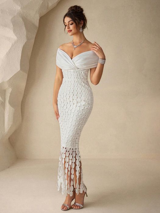 Shein elegancka biała sukienka wieczorowa kopertowy dekolt midi m 11ma
