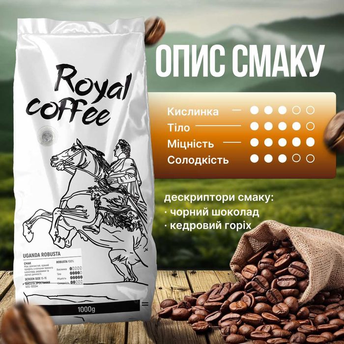 Зернова кава Royal Coffee Робуста Уганда Свіжа обсмажка Опт і Роздріб