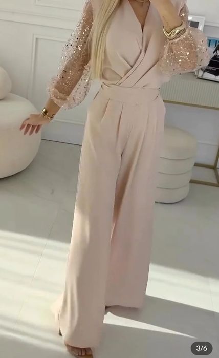 Elegancki kombinezon damski beżowy  cekiny ,szerokie spodnie. S,, M  komunia  chrzciny. wesele