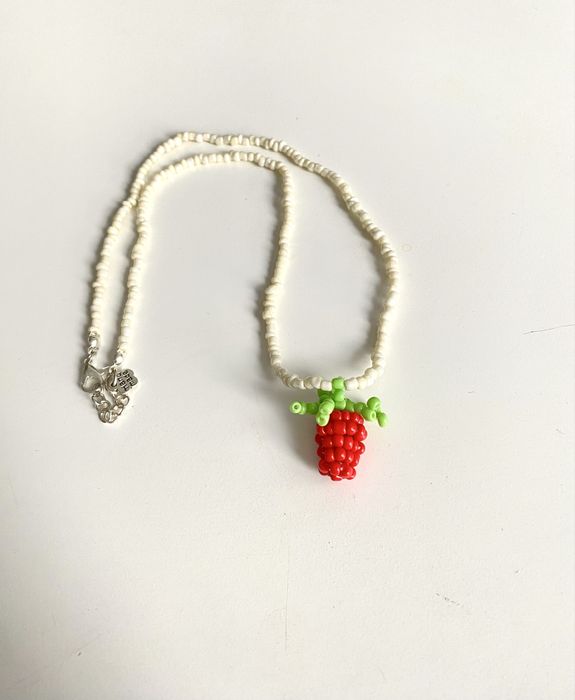 Naszyjnik z koralików z owocami, malina, truskawka, srebrne, handmade