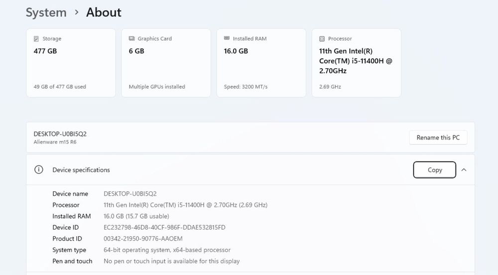 Laptop gamingowy Dell Alienware m15 r6 rtx3060, i5 11400h