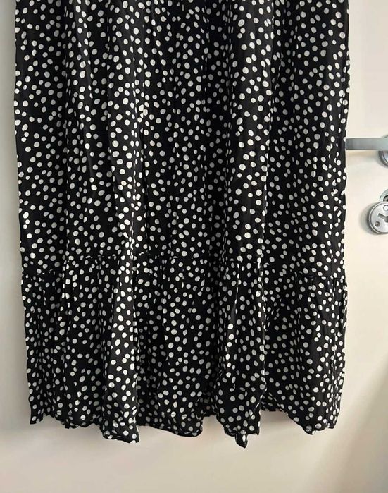 Zara czarna maxi MIDI sukienka w grochy kropki falbany wiskoza S