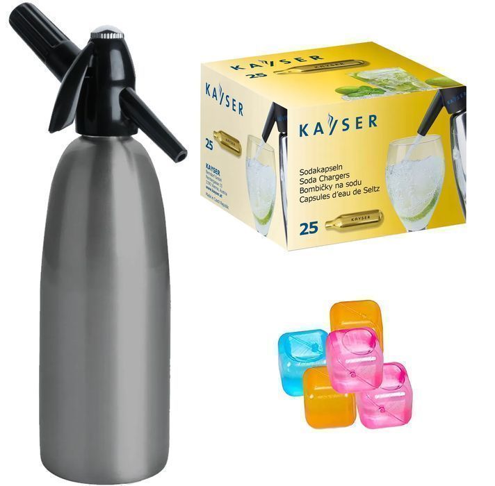 Saturator syfon do wody gazowanej szary 1L + 25 naboi + 5 kostek lodu
