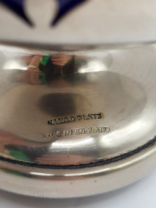 Posrebrzana cukiernica + szkło kobaltowe