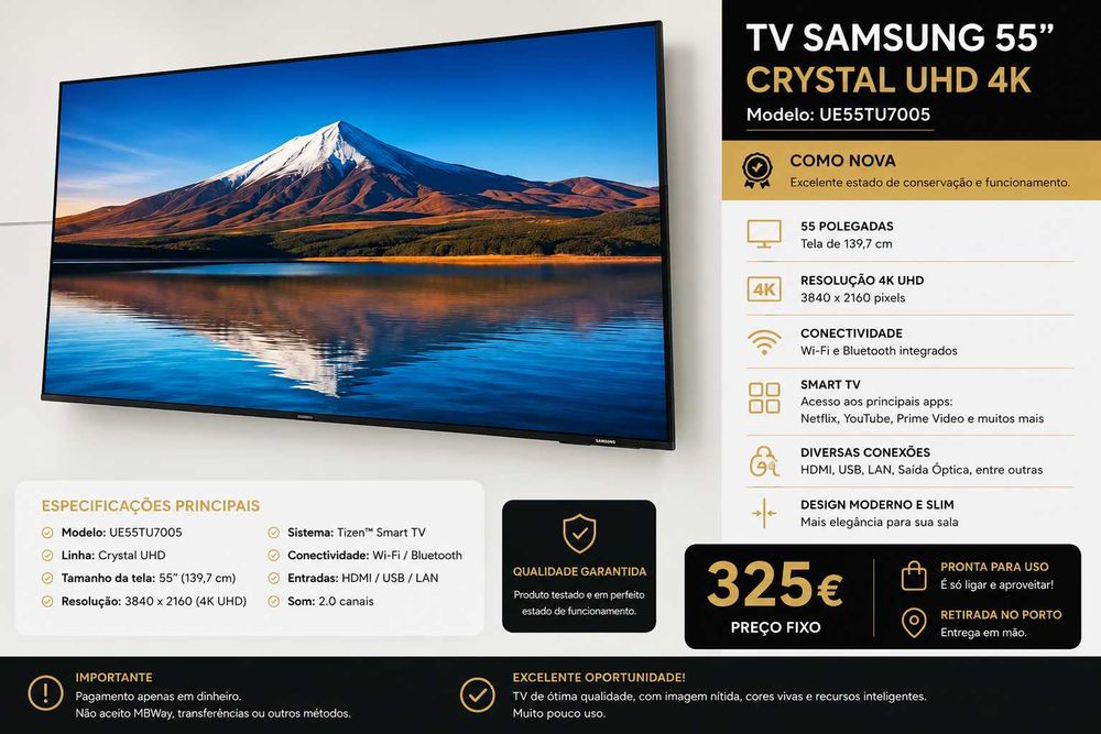 TV Samsung 55” Crystal UHD 4K – Como Nova | Smart TV