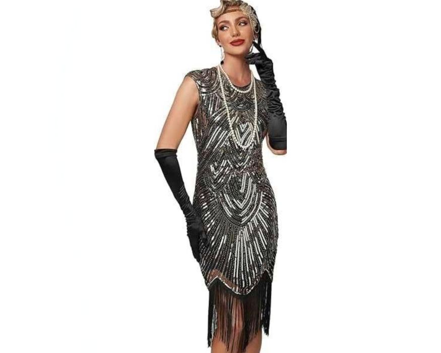 Sukienka Glamour 1920 Charleston Wielki Gatsby Czarno Złota XL