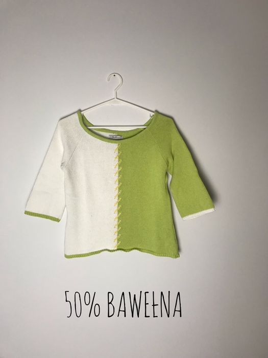 Biały zielony krótki sweter z 3/4 rękawem wiosenna bluzka vintage