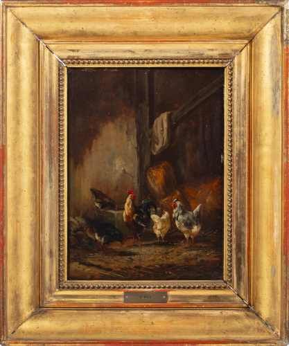 Pintura - Moura Girão - Capoeira com galo e galinhas - 1905 assinada