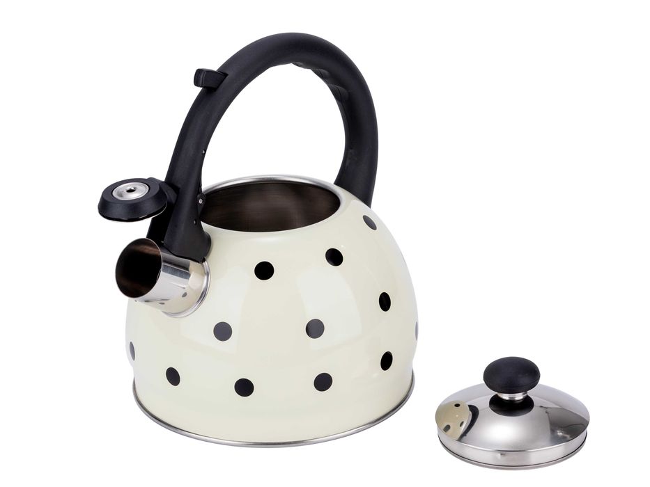 Czajnik 2L emaliowany kremowy w czarne kropki z gwizdkiem Elitehoff