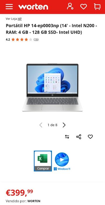 Portátil HP 14-ep0003np (14' - Intel N200 - RAM: 4 GB - 128 GB SSD- Intel UHD)