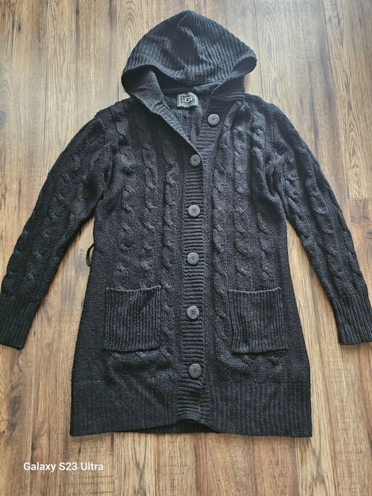 Długi sweter rozpinany kardigan warkocz zapinany kapturem UGG L/40