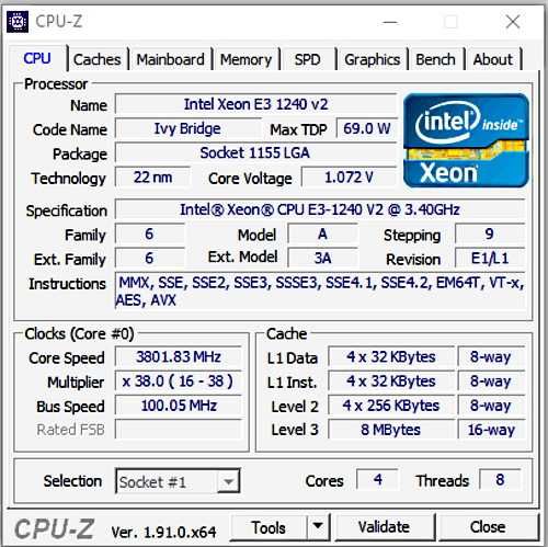 Intel Xeon 1240 v2 3,4-3,8 ГГц (i7 - 3770) s1155