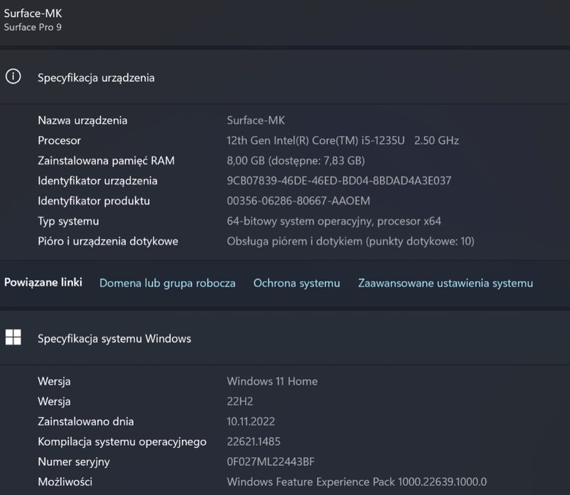 Microsoft Surface Pro 9 8GB RAM 256GB SDD Szafirowy