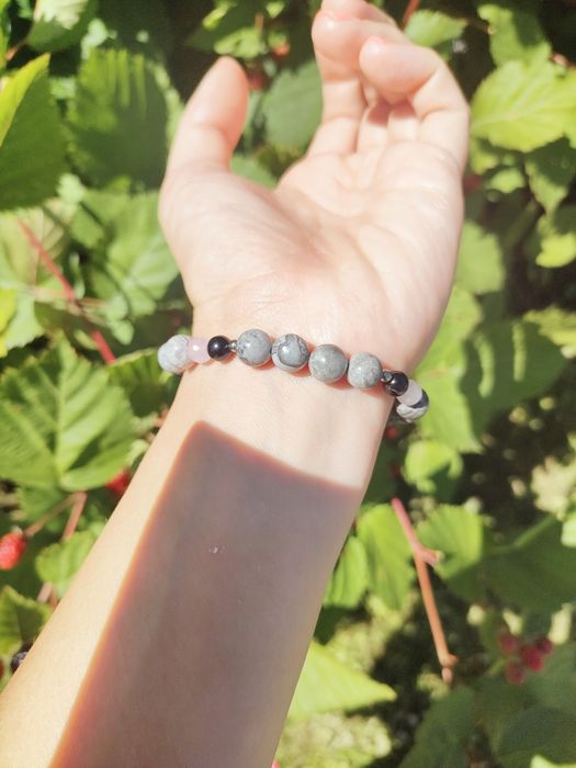 Bransoletka Jadeit, kwarc turmalinowy i różowy .miś