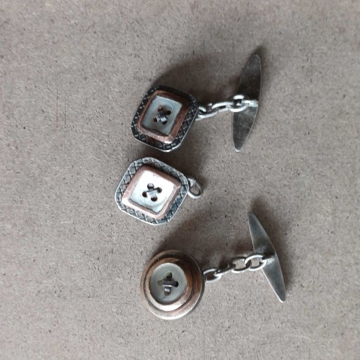 botões de punho vintage, em prata, ouro e madre pérola