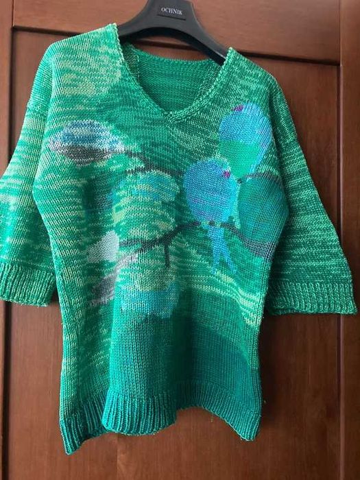 Bluzka 30%silk rękodzieło handmade ptaszki krajobraz cottgagecore cudo