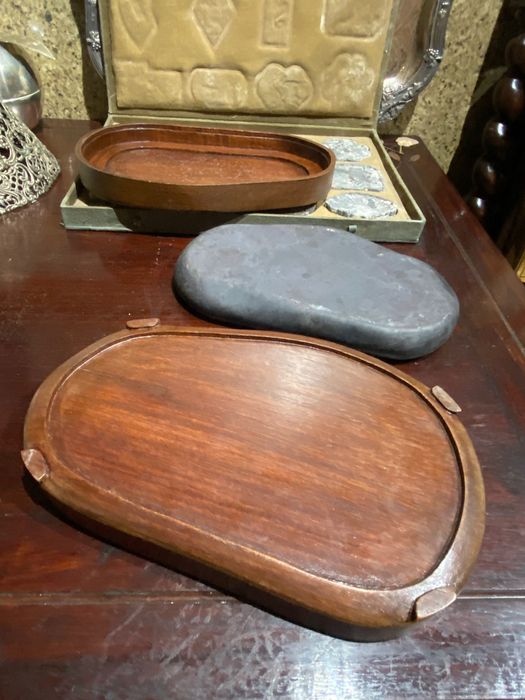 Base Pintura Pedra Chinesa Séc XIX China 23,5 cm Estojo Madeira