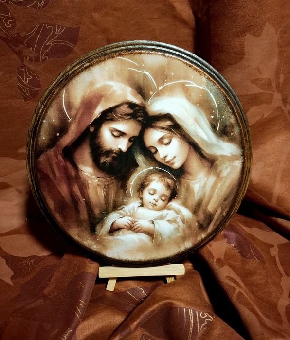 Obraz na ścianę ręcznie zdobiony na drewnie Święta Rodzina prezent