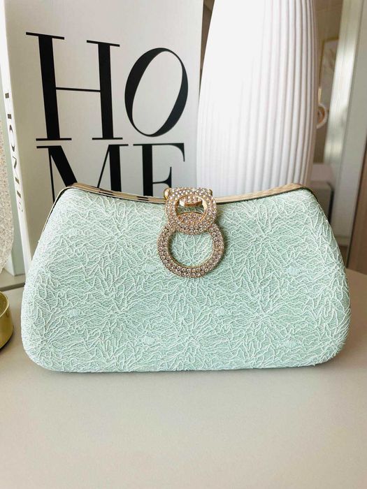 Torebka wizytowa miętowa wesele chrzciny koronkowa cyrkonie