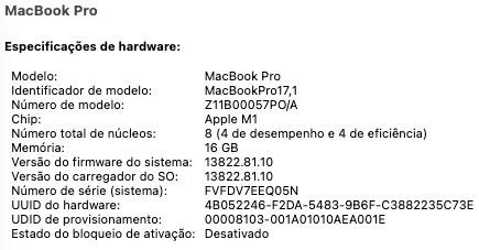 MacBook Pro 13" (2020) Processador M1 da Apple e 16MB de Memória unificada
