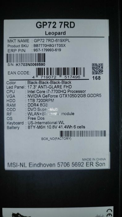 MSI GP72 7RD i7-7700HQ GTX1050 16GB ram ssd 500GB+1TB  WiFi6 17'' BOX
