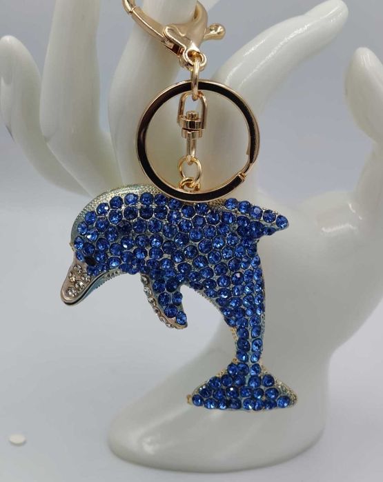 Błyszczący brelok niebieski delfin–kryształki zawieszka do kluczy