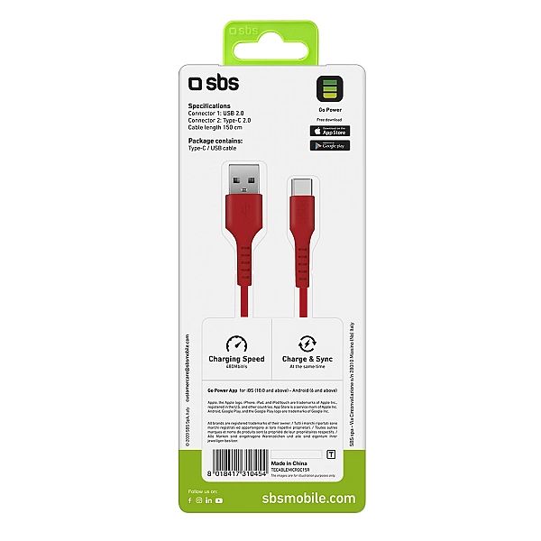 Kabel SBS TECABLEMICROC15R USB-A - USB-C 1,5 m - czerwony