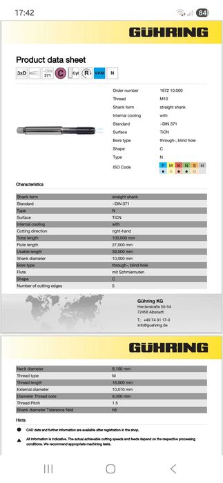 Machos M10 maquinação alto rendimento