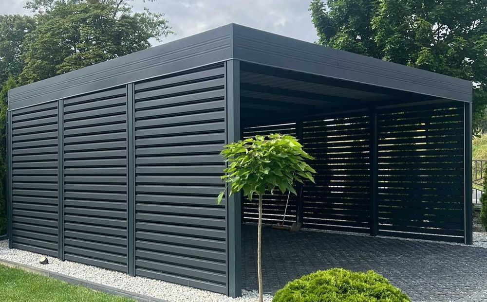 Nowoczesna wiata garażowa, carport z pomieszczeniem gospodarczym